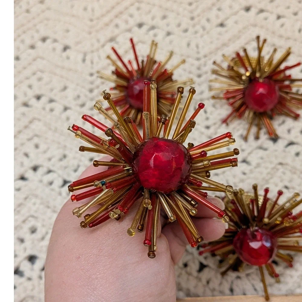 Vintage Beaded Starburst Napkin Rings Set of 4 Red Amber Gold Sunburst MCM Style